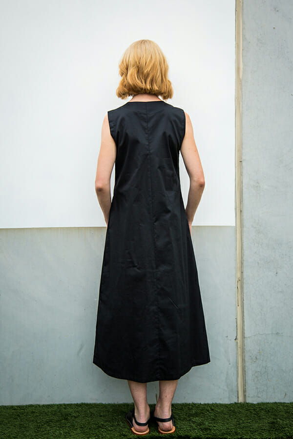 Monument Dress in cotton sateen with geometric silk screen print